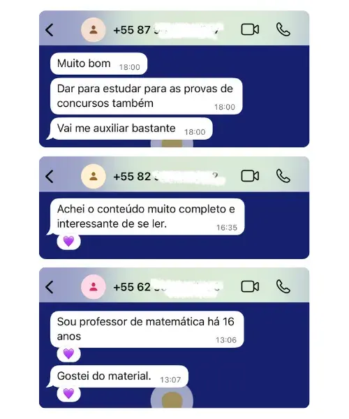 Mensagens de alunos recomendando o material