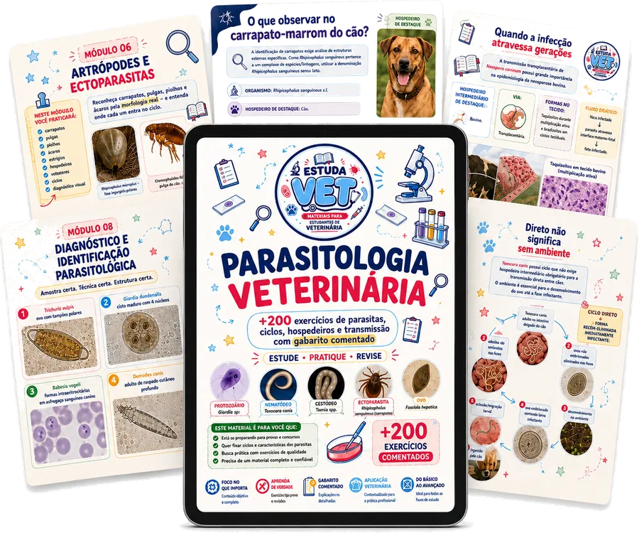 Mockup da apostila de Parasitologia Veterinária em tablet com páginas do material