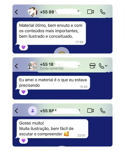 Mensagens de alunos aprovando o material